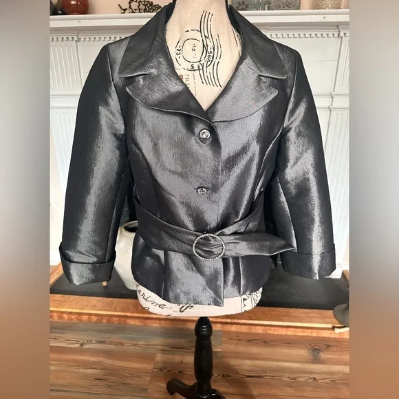 Nicolette Metallic Silver Evening Jacket Rhinestone Belt Formal Blazer 10 Medium - Picture 16 of 16